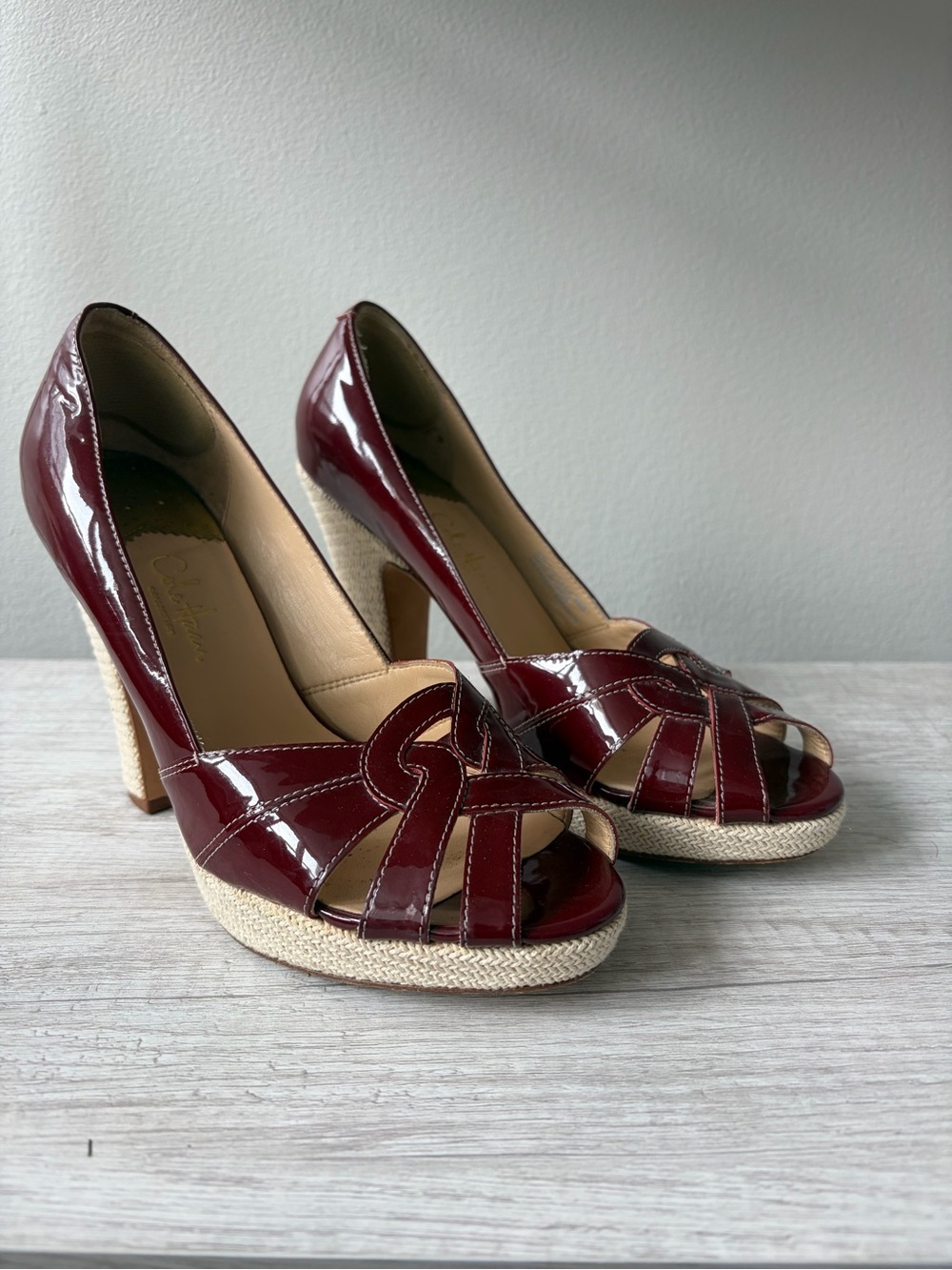 Cole Haan Collection Burgundy Patent Leather Open Toe Pump, Nike Air Technology